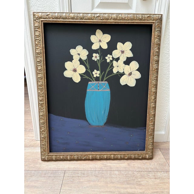 Large Original Primitive Painting of Cheerful Flowers in a Blue Vase For Sale - Image 4 of 7
