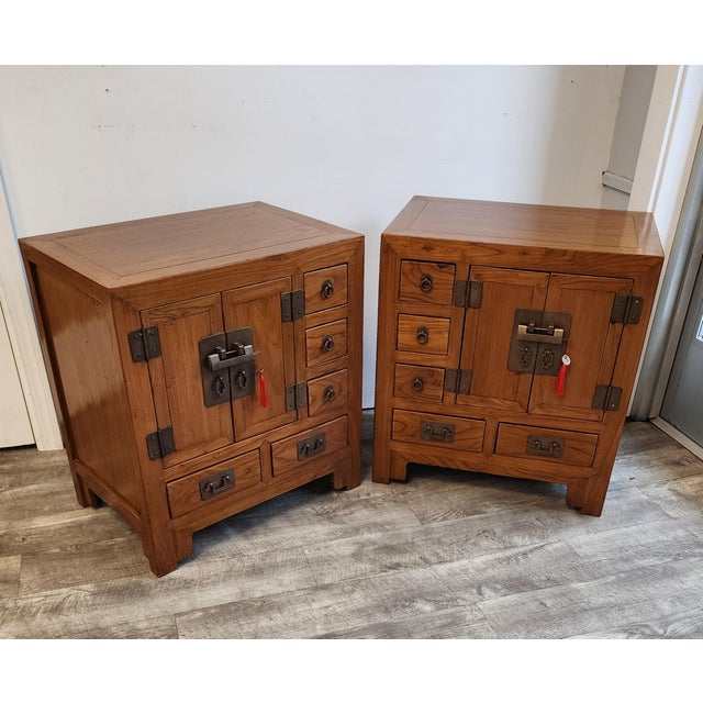 Mid 20th Century Vintage Chinese Elm Apothecary Nightstands / Bedside Cabinets - A Pair For Sale - Image 5 of 18