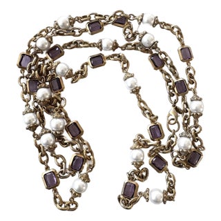 Amethyst, Pearl, and Brass Link and Chain Necklace For Sale