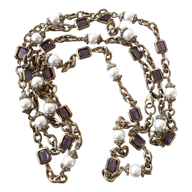 Amethyst, Pearl, and Brass Link and Chain Necklace For Sale