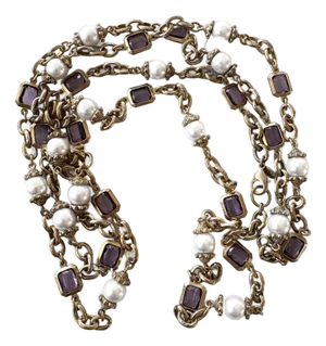 Amethyst, Pearl, and Brass Link and Chain Necklace