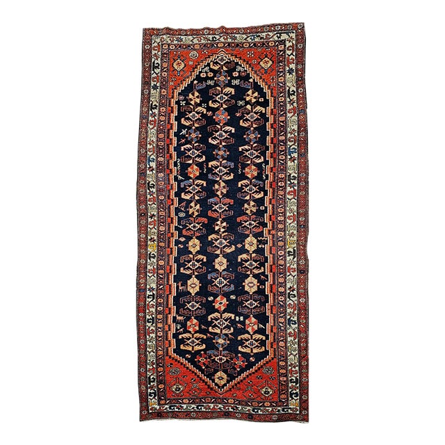 Vintage Persian Malayer Runner Rug, Hand-Knotted Wool, Geometric Pattern, 4x9, Navy & Red For Sale