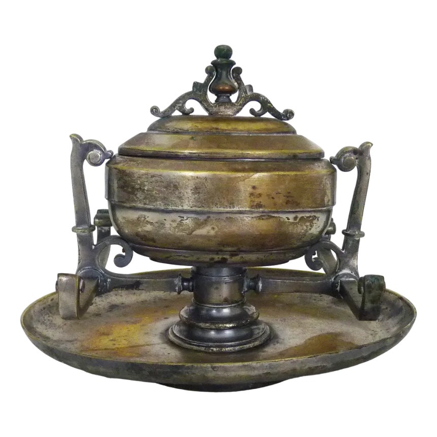 Inkwell on Rotating Tray in Silver Metal | Chairish