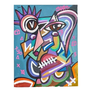 Abstract Colorful Blue Modernist Cubist Portrait Painting After Picasso For Sale