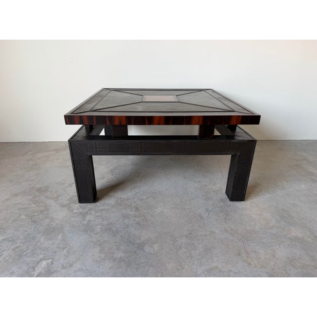 Vintage Hollywood Regency Asian-Inspired Greek Key Bronze & Mahogany Square Coffee Table For Sale In Miami - Image 6 of 12