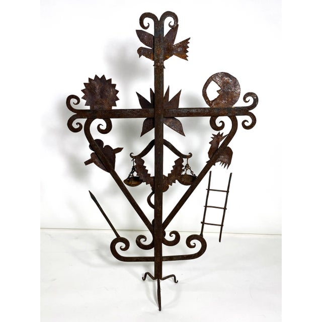 Brown Vintage Guadalupe Hermosillo Escobar of Chiapas Hand Forged Rooftop Wrought Iron Cross For Sale - Image 8 of 8