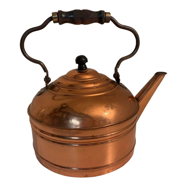 Vintage Copper Tea Kettle With Turned Wood Handle - Large For Sale