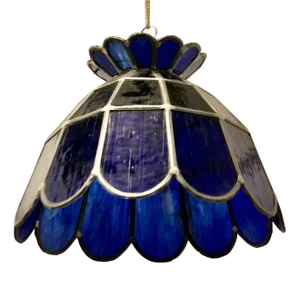Large Arts and Crafts Cobalt Blue Leaded Glass Pendant Lamp, 1920s