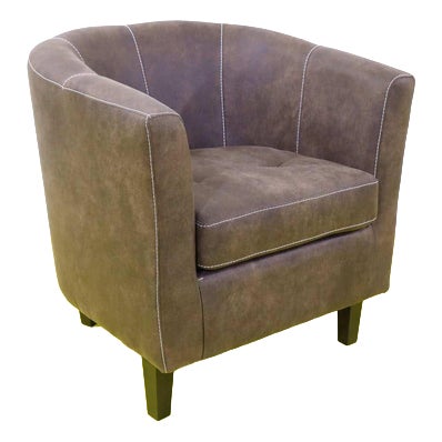 Brown Leather Club Chair with Exposed Stitching and Wooden Legs For Sale