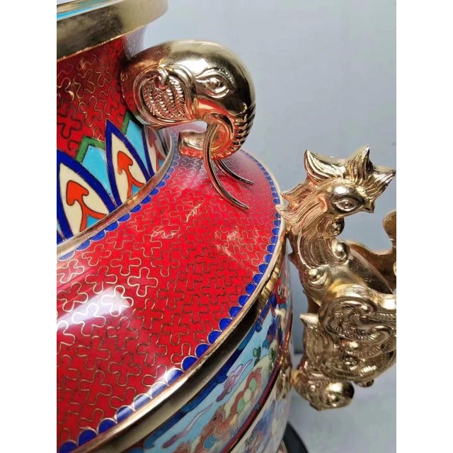 Monumental Chinese Cloisonné Peace Vase | Master-Designed Gilt Dragon Handles With Box For Sale In Los Angeles - Image 6 of 12
