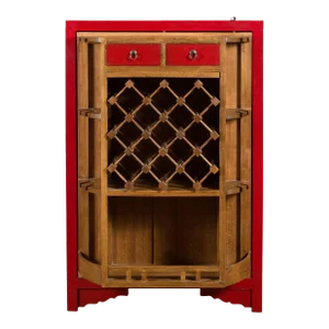 Antique Chinese Style Red Lacquered Liquor Cabinet with Revolving Hidden Panel