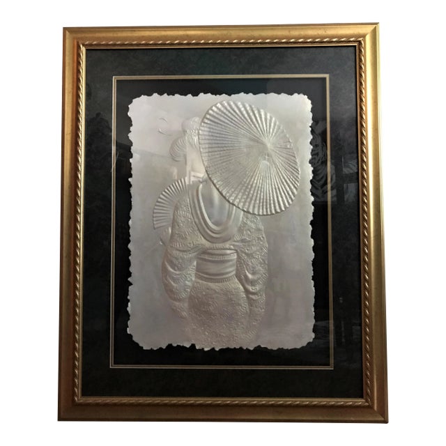 Vintage Roberta Peck Geisha with Parasol Hand Cast Paper Sculpture Framed For Sale