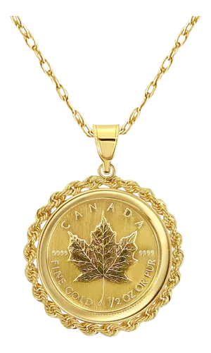 1/2OZ Canadian Maple Leaf Coin Necklace with Rope Bezel 14k Yellow Gold 16"