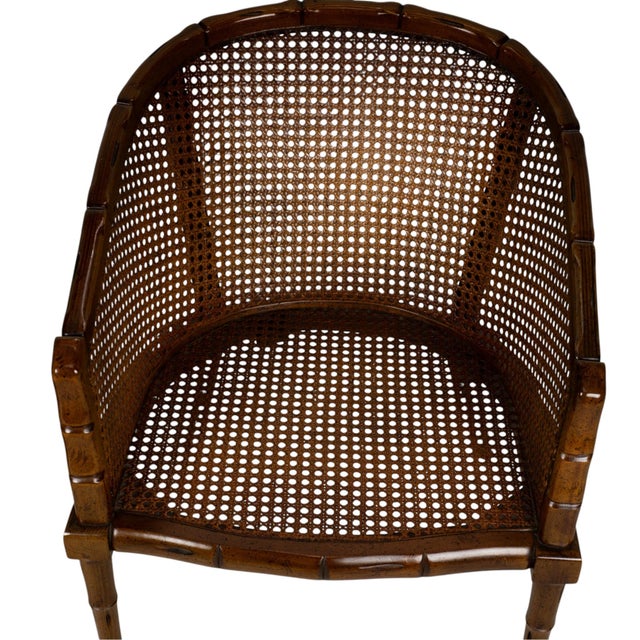 Pair Vintage Faux Bamboo Cane Barrel Chairs Hollywood Regency For Sale - Image 12 of 18