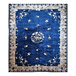 Vintage Room Size Chinese Art Deco Rug, Hand-Knotted Navy Blue, Taupe, 9' x 12' For Sale