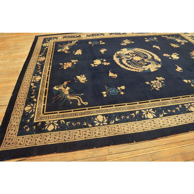 Late 19th Century 1890s Blue Ground Scattered Floral Sprays Antique Chinese Peking Knotted Rug For Sale - Image 5 of 11