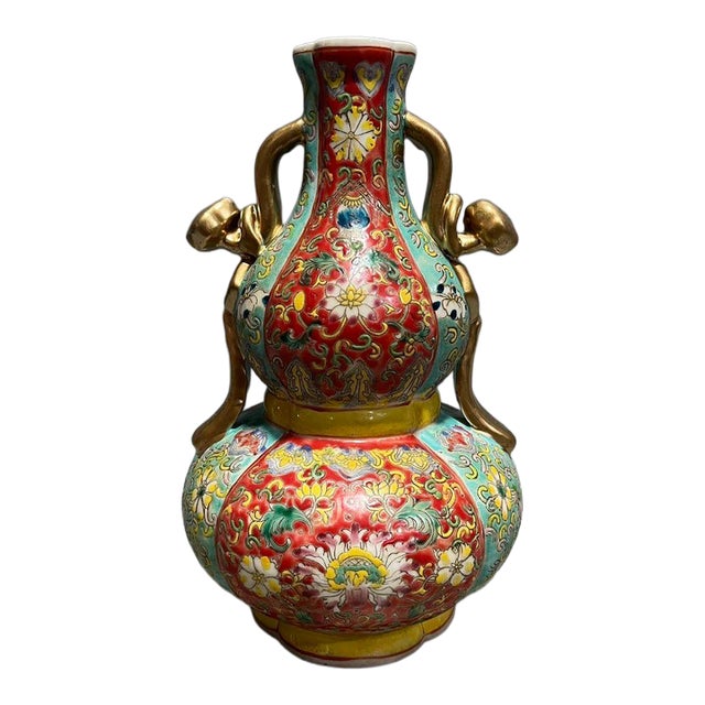 Famille Rose Gilded Double Gourd Vase With Ruyi Handles, Chinoiserie Decor Vessel For Sale
