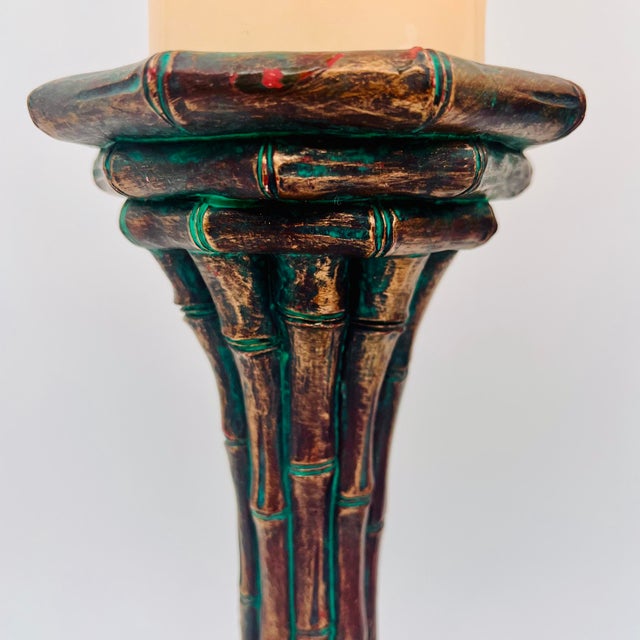 1990s Vintage Faux Bamboo Bronze Metal Pillar Candleholders 12"h - A Pair For Sale - Image 5 of 16