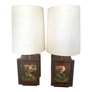 70's Rare Owl & Squirrel Shadow Box Table Lamps-A Pair For Sale
