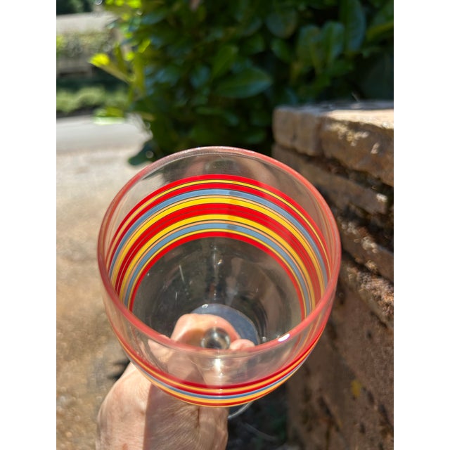 Mid-Century Modern Vintage Fiesta Drinking Glasses and Two Water or Iced Tea Glasses - Red, Yellow and Blue Stripes With Fiesta Mark on Front Panel - Set of 6 For Sale - Image 3 of 11