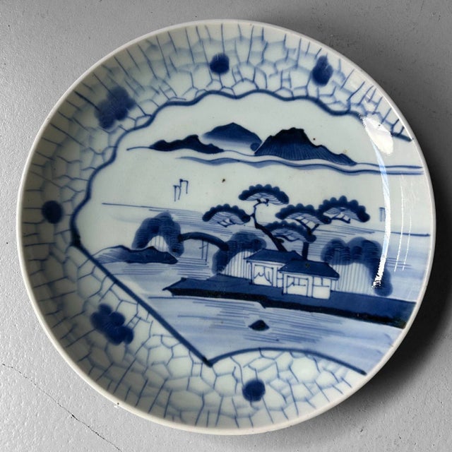 Ceramic Vintage Blue-and-White Landscape Plate from Arita, 1940s For Sale - Image 7 of 8