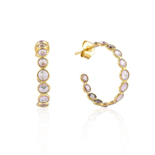 14k Solid Yellow Gold Pink Sapphire C-Hoop Earrings - 2 Pieces For Sale In New York - Image 6 of 8