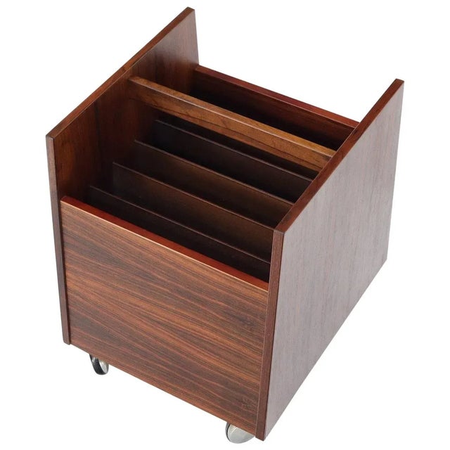 Brown Danish Mid-Century Modern Rosewood Magazine Rack on Wheels For Sale - Image 8 of 8