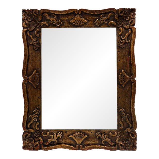 Vintage Hand Carved Wood Picture Frame With Folk Floral Motifs For Sale