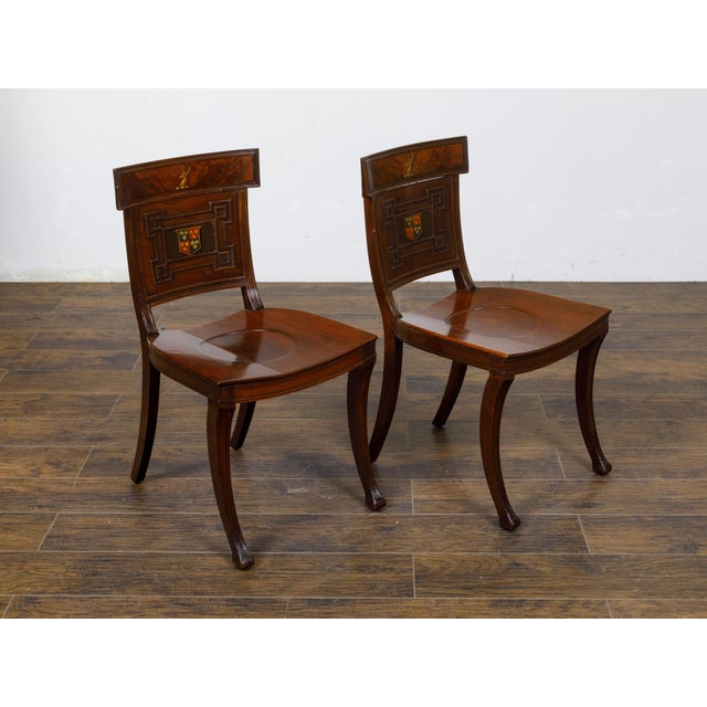 Pair of English Regency Mahogany Hall Chairs with Painted Coat of Arms For Sale - Image 9 of 12