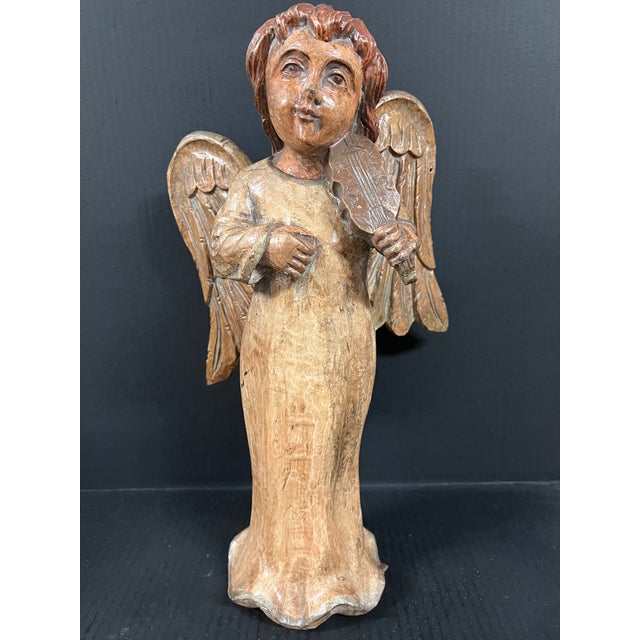 Vintage Hand Carved Wooden Standing Angel Paying Violin Instrument Sculpture For Sale - Image 9 of 10