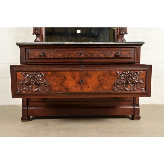 Brown Bernheimer Collection Antique Monumental Eastlake Victorian Burled Walnut and Marble Top Vanity or Dressing Table With Mirror, Circa 1880s For Sale - Image 8 of 18