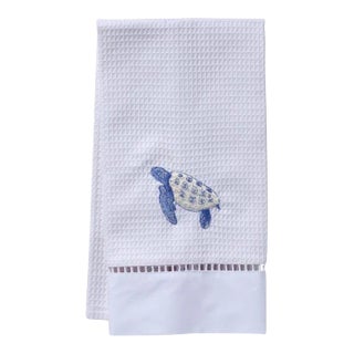 Sea Turtle Blue Guest Towel, White Waffle Weave, Ladder Lace, Embroidered For Sale