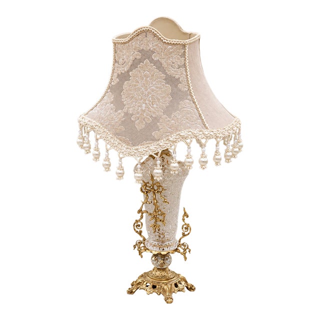 French-Style Crystal Table Lamp – Ornate Gold Leaf Base With Elegant Hanging Crystal Accents For Sale
