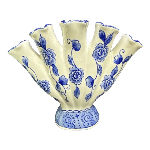 Vintage Bella Casa by Ganz Blue White Ceramic Floral Tulip Fan Vase For Sale