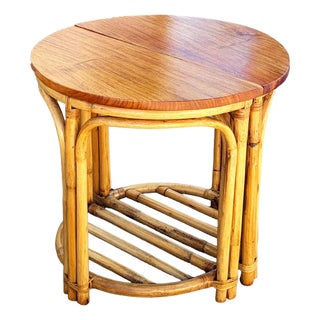 1940s Restored Rattan and Mahogany Half Moon Side Tables With Storage Rack For Sale