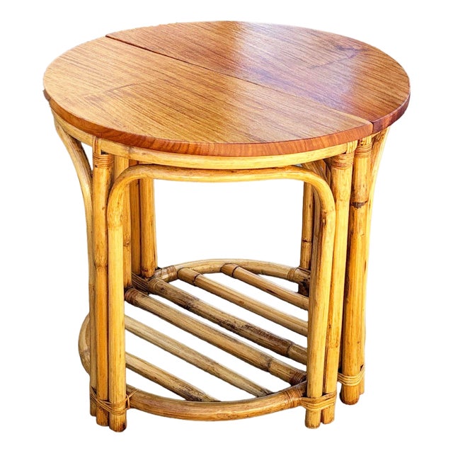 1940s Restored Rattan and Mahogany Half Moon Side Tables With Storage Rack For Sale