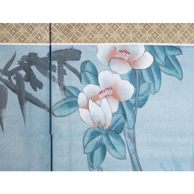 Wood 1970s Chinese Painted Silk Screen "Magnolia and Blue Jay" For Sale - Image 7 of 18