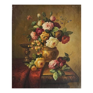 Vintage Continental Dutch Style Floral Still Life With Roses, Oil on Canvas For Sale