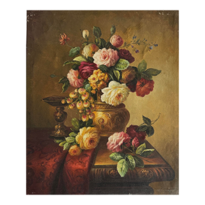 Vintage Continental Dutch Style Floral Still Life With Roses, Oil on Canvas