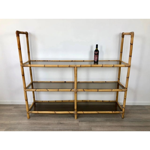 Bamboo Rattan & Smoked Glass Console Bookcase, Italy, 1960s For Sale - Image 4 of 13