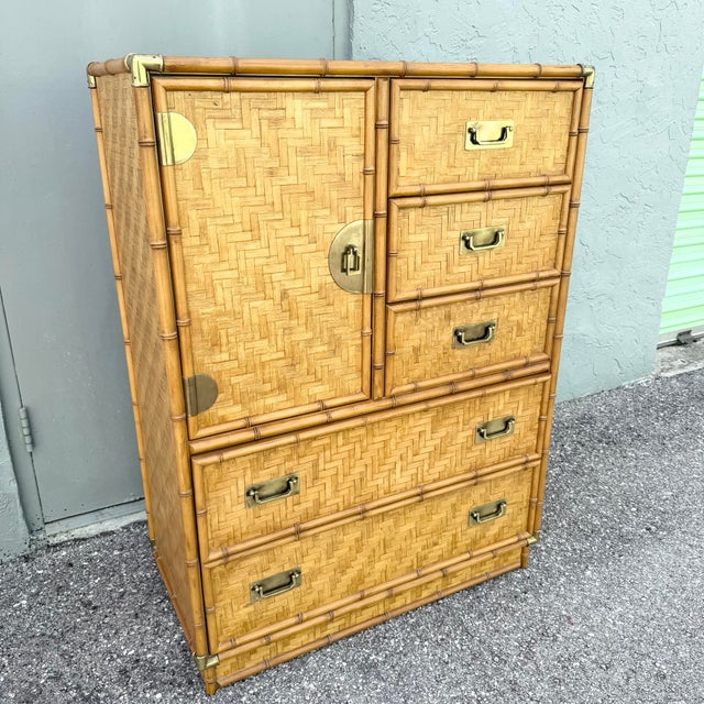 Boho Chic Boho Chic Herringbone Wicker Faux Bamboo Highboy Dresser by Dixie For Sale - Image 3 of 11
