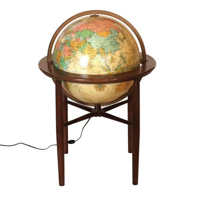 Wood Large MCM Replogle Floor Model Lighted World Globe on Walnut Base Signed 20thC For Sale - Image 7 of 11