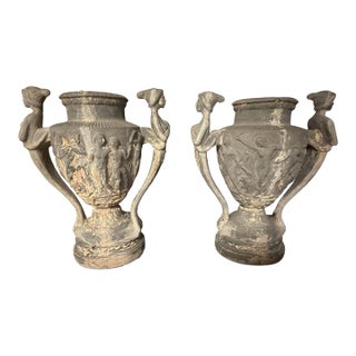 Vintage Neoclassical Relief Urns With Figural Maiden Handles - Pair For Sale