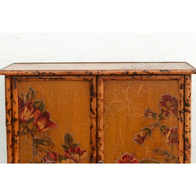 1950s Vintage Bamboo Chinoiserie Cabinet W/Floral Applique For Sale - Image 5 of 14