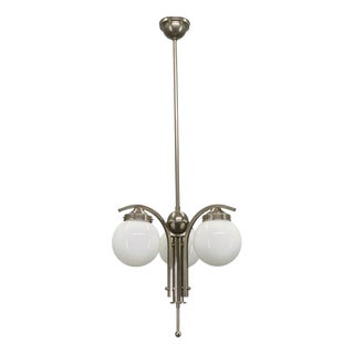 Art Deco Nickel Chandelier with Opaline Glass Globes, 1930s For Sale