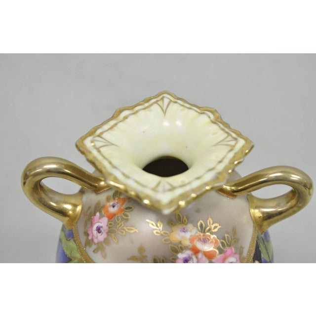 Early 20th Century Antique Nippon Moriage Hand Painted Porcelain Purple Iris & Gold Gilt Vase Pair For Sale - Image 5 of 18