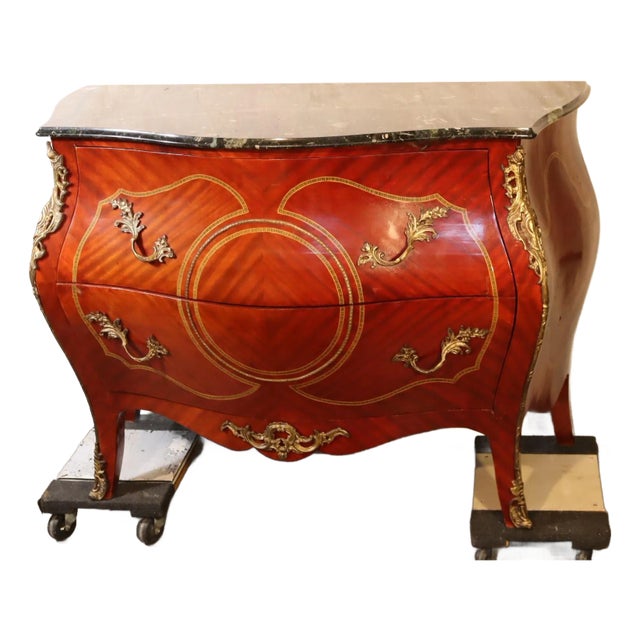 1970s Louis XV–Style Mahogany Bombé Commode With Marble Top and Gilt Mounts For Sale