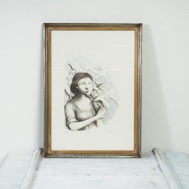 Domenico Purificato, 80/200 Young Woman Surrounded by Birds, 2000s, Lithograph, Framed For Sale - Image 6 of 6
