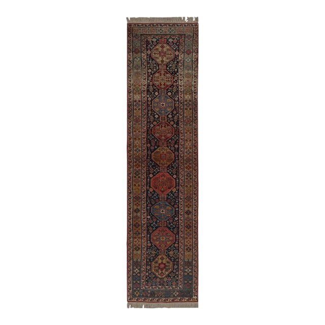 Vintage Extra-Long Runner Rug in Blue With Geometric Medallions - Rug & Kilim For Sale