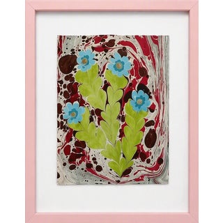 Ebru Flower Original Painting Green and Blue For Sale